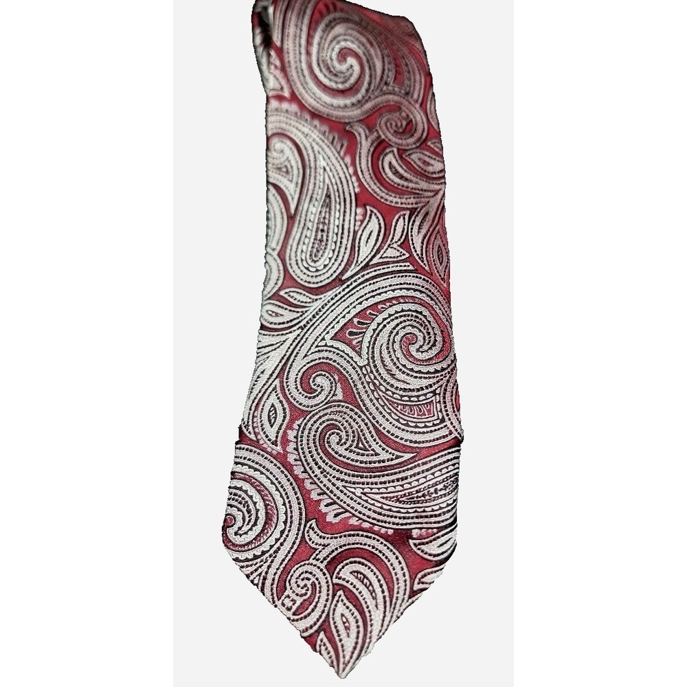 Crazy Horse by Claiborne Men's Silk Necktie Red Silver Paisley Classic Business